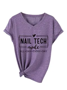 Stylish women's purple V-neck short sleeve t-shirt featuring a chic nail tech letter print.