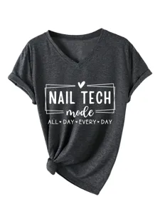 Casual dark grey V-neck short sleeve T-shirt with stylish nail tech graphic print for women.