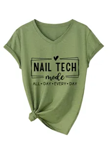 Olive green V-neck short sleeve t-shirt featuring nail tech print and knot detail.
