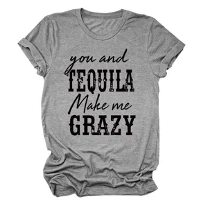 T-shirt femme décontracté gris à manches courtes avec imprimé lettre col rond haut.