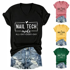 Women's V Neck Short Sleeve T-Shirt Cotton Blend Casual Printed Graphic Top Nail Tech Mode All Day Every Day Letter Print Tee