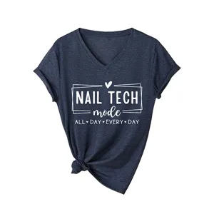 Women's Casual V-Neck Short Sleeve T-Shirt Nail Tech Letter Print Summer Tee Tops