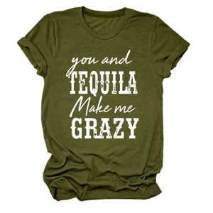 T-shirt à manches courtes vert armée pour femme, imprimé lettres, col rond décontracté.