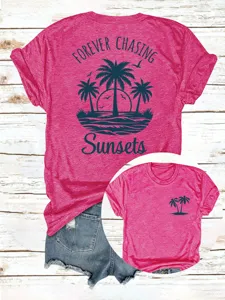 Locker geschnittenes Damen Kurzarm-T-Shirt mit tropischem Palmen-Sonnenuntergang Graphic.