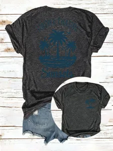 Lässiges Damen Kurzarm T-Shirt mit Palmen Sonnenuntergang Grafik und Schriftzug.