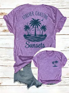 Lässiges Damen Kurzarm T-Shirt mit tropischem Palmen Sunset Grafikdruck und Rundhalsausschnitt.