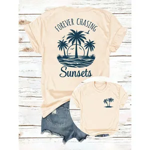Lässige Damen Kurzarm T-Shirt mit Strand Palmen Grafik für Sommer Mode Oberteil