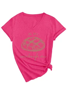 Dames casual V-hals korte mouw grafisch t-shirt roze zuurdesem brood print zomer top mode