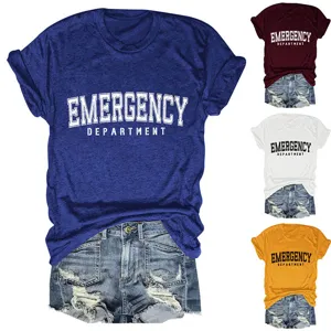 Detailansicht des casual Damen Rundhals Kurzarm T-Shirts mit Emergency Department print.