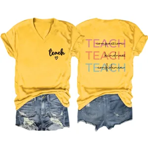 Women casual yellow V-neck short sleeve t-shirt with inspirational print and denim shorts.
