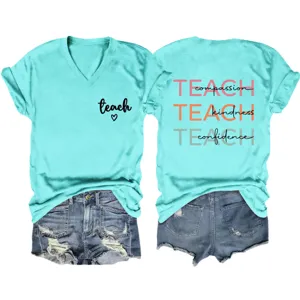Women Casual Turquoise V-Neck Short Sleeve T-Shirt with Inspirational Letter Print