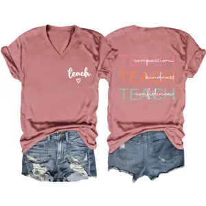 Women V-Neck Short Sleeve T-Shirt Teacher Letter Print Casual Tee Summer Top Fashion