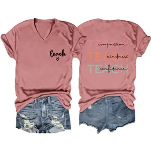 Women V-neck short sleeve T-shirt with inspirational teach compassion print casual tee top
