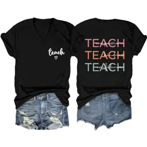 Women short sleeve V-neck black t-shirt with inspirational typography print front and back.