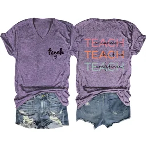 Women's V-neck short sleeve t-shirt with inspirational print and denim shorts set.
