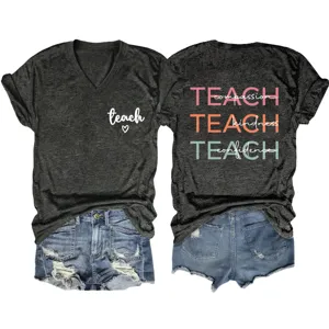 Women V-neck short sleeve graphic t-shirt with distressed denim shorts casual stylish outfit.