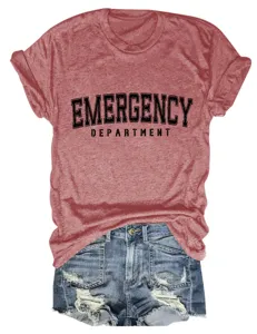 Damen Freizeit Rundhals Kurzarm T-Shirt mit Emergency Department Grafik Print Top.