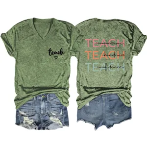 Women V-Neck Short Sleeve T-Shirt Casual Teacher Graphic Tee Summer Green Tops Style