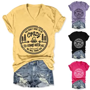 Detail view of the casual V-neck short sleeve T-shirt with camping graphic print, soft fabric.