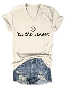 Damen Freizeit V-Ausschnitt Kurzarm T-Shirt mit Baseball Grafik und Buchstaben.