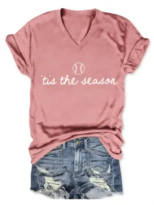 Damen V-Ausschnitt Kurzarm T-Shirt Lässiges Sommer Top mit Baseball Motiv Aufdruck