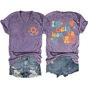 Retro social worker era print V-hals T-shirt casual dames zomer korte mouw top