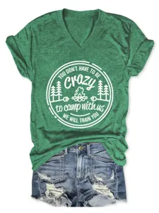 Green V-neck short sleeve women T-shirt with camp graphic print for casual wear and outdoor styling.