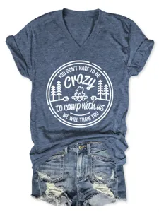 Casual women's V-neck short sleeve t-shirt featuring a fun camping graphic print detail view.
