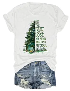 Maglietta donna casual girocollo manica corta con stampa foresta e pantaloncini denim.