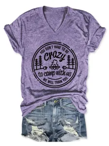 Purple V-neck short sleeve tee detail, camping graphic print, casual summer wear style.