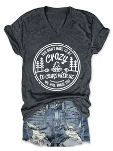 Casual women graphic print V-neck short sleeve dark grey camp slogan t-shirt top tee