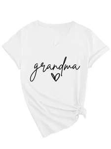 Lässiges minimalistisches Damen Grandma Buchstabe Herz V-Ausschnitt T-Shirt Detailansicht.