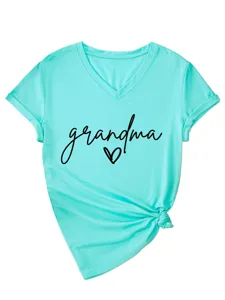 Damen V-Ausschnitt Kurzarm T-Shirt mit Grandma Buchstaben und süßem Herz Design casual.