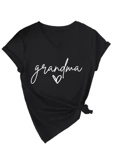 Damen schwarzes V-Ausschnitt Kurzarm T-Shirt mit Grandma Buchstaben Druck Sommer Top