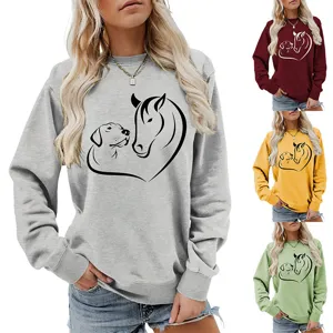 Donna casual simpatico cane cavallo cuore stampa manica lunga felpa girocollo top moda