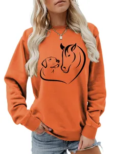 Felpa Arancione Donna Manica Lunga Cane Cavallo Cuore Stampa Casual Autunno Top Moda