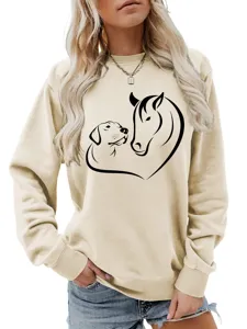 Donna felpa manica lunga autunno inverno carino cane cavallo cuore stampa pullover