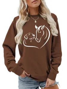 Felpa marrone da donna a manica lunga casual con grafica cuore di cane e cavallo.