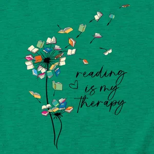 Green short sleeve t-shirt with book dandelion graphic print and reading quote for casual wear.