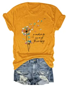 Yellow reading is my therapy graphic short sleeve t-shirt paired with denim shorts detail.