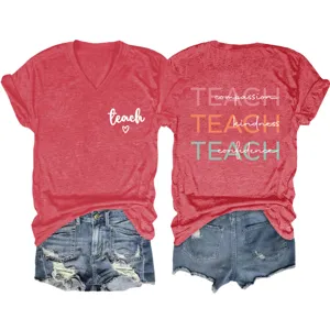 Women short sleeve V-neck red T-shirt with inspirational teach text print and denim shorts set.