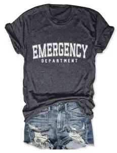 Lässiges Damen Kurzarm Rundhals T-Shirt mit Emergency Department Buchstaben Druck Oberteil
