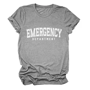 Lässiges graues Damen Kurzarm T-Shirt mit Emergency Department Buchstaben Druck top.