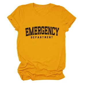 Lässiges Damen senfgelbes Kurzarm T-Shirt mit Emergency Department Aufdruck Buchstaben.