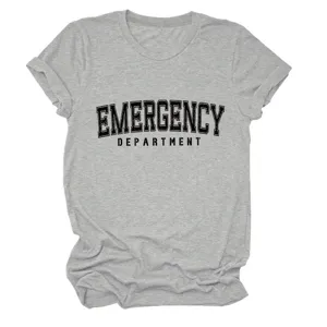 Graues Damen Kurzarm T-Shirt lässig mit Emergency Department Frontdruck Rundhalsausschnitt Detail.