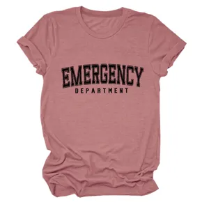 Damen lässiges Kurzarm T-Shirt mit Notfallabteilung Grafikdruck Rundhalsausschnitt Oberteil.