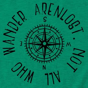 Grüne Damen Kurzarm T-Shirt Detailansicht mit Vintage Kompass und inspirierendem Spruch.