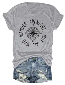 Damen graues Kurzarm T-Shirt mit Kompass Druck lässiges Sommer Baumwoll Oberteil