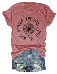 Damen Freizeit Kurzarm Rundhals T-Shirt mit Vintage Kompass Grafik Druck stylisches Oberteil