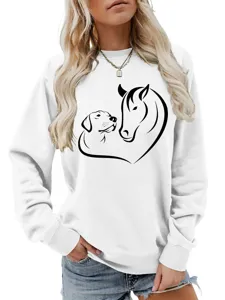 Felpa casual da donna a maniche lunghe con grafica cuore cane e cavallo per autunno.